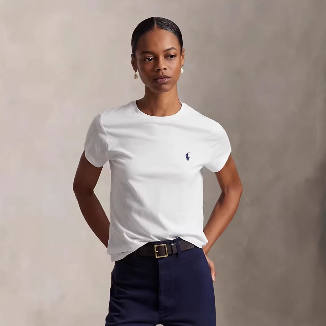 European and American Cross border 2026 Summer Cross border Women's Classic Small Horse Emblem Embroidered Round Neck Pure Cotton T-shirt Casual Versatile