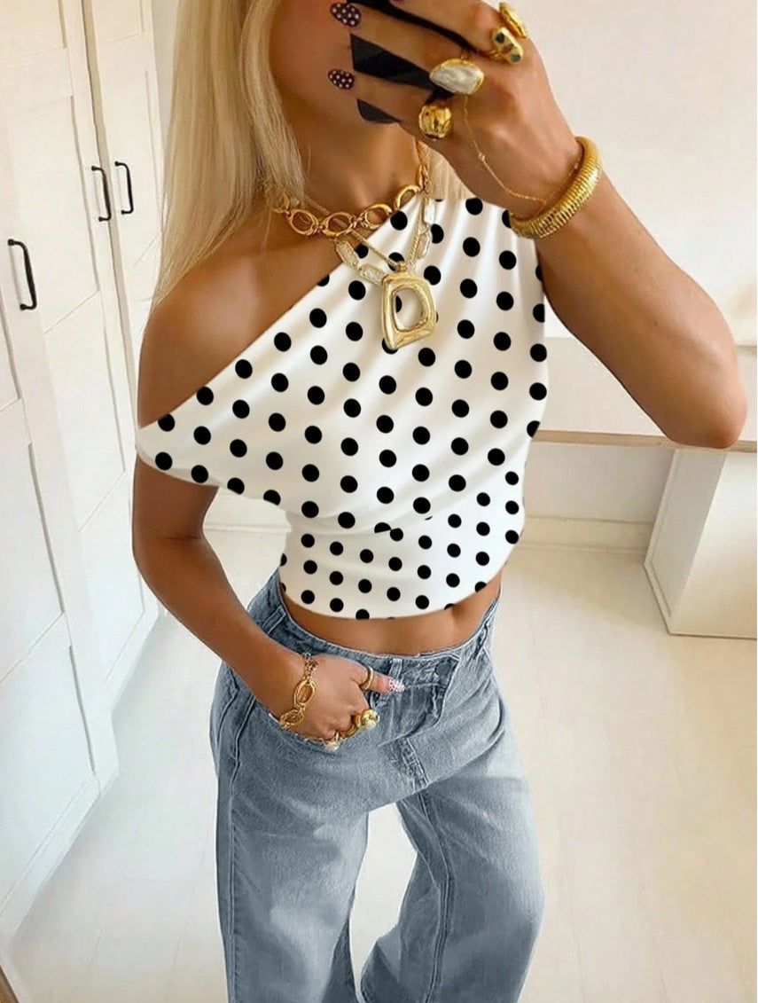 2026 European and American Cross border Summer Fashion New Women's Top, AliExpress Personalized Wave Point Slant Shoulder Exposed Umbili Short Top