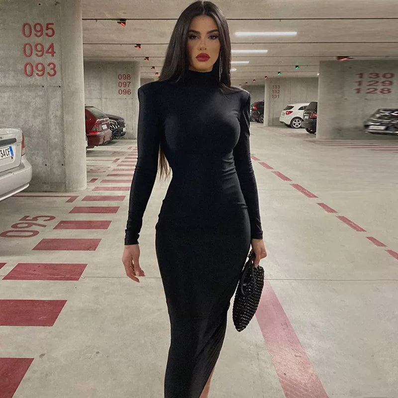 Solid Fit High Neck Long Sleeve Dress Solid Color Slimming High Neck Long Sleeve Dress