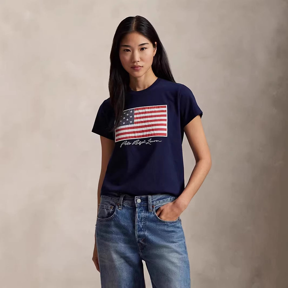 European and American Cross border 2026 Summer Cross border Women's Wear RL Fashion Simple and Versatile Printed Letter Round Neck Short sleeved T-shirt