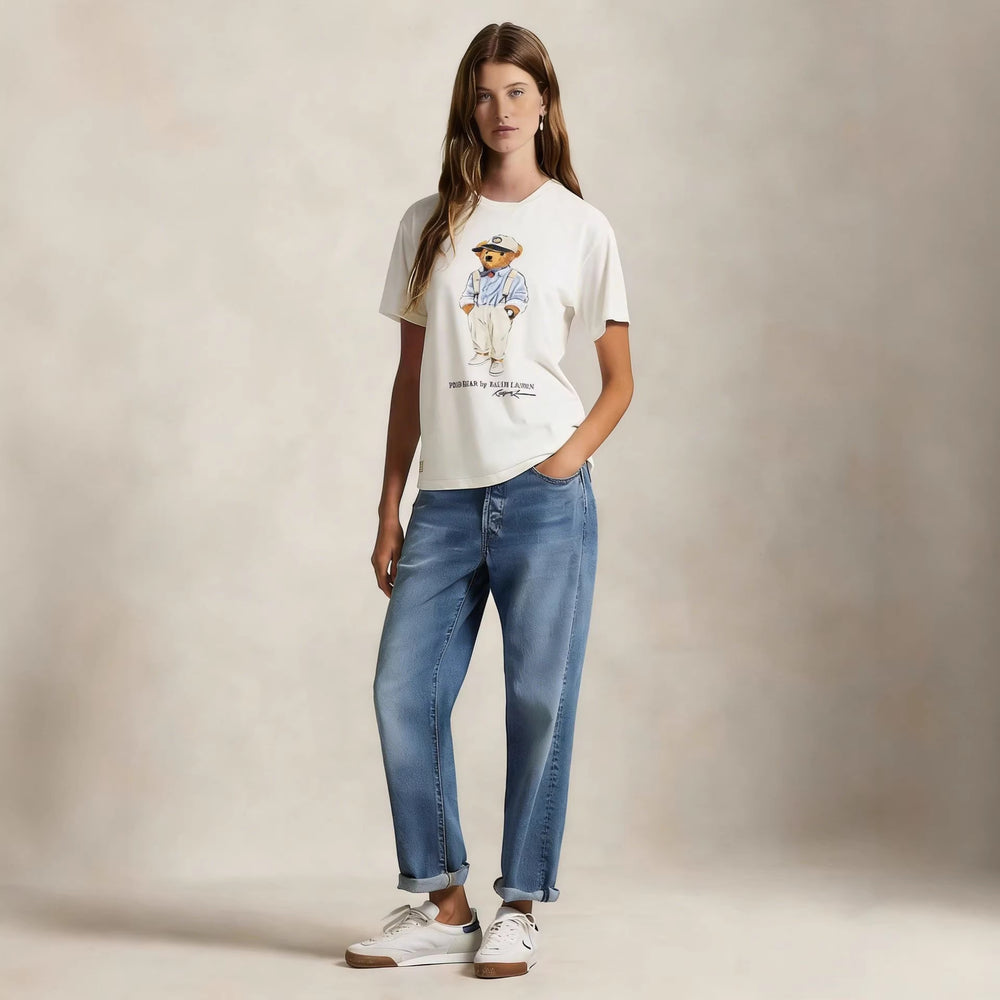 European and American Cross border 2026 Summer Cross border Women's Fashion New Casual Bear Printed Round Neck T-shirt Short Sleeve Top