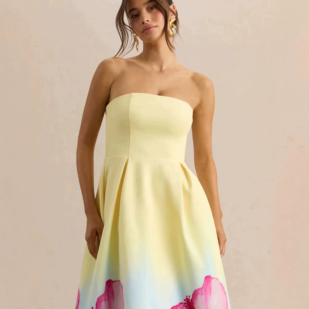 2026 new cross-border women's goose yellow strapless gradient printed A-line dress with waist cinching and large swing in Europe and America