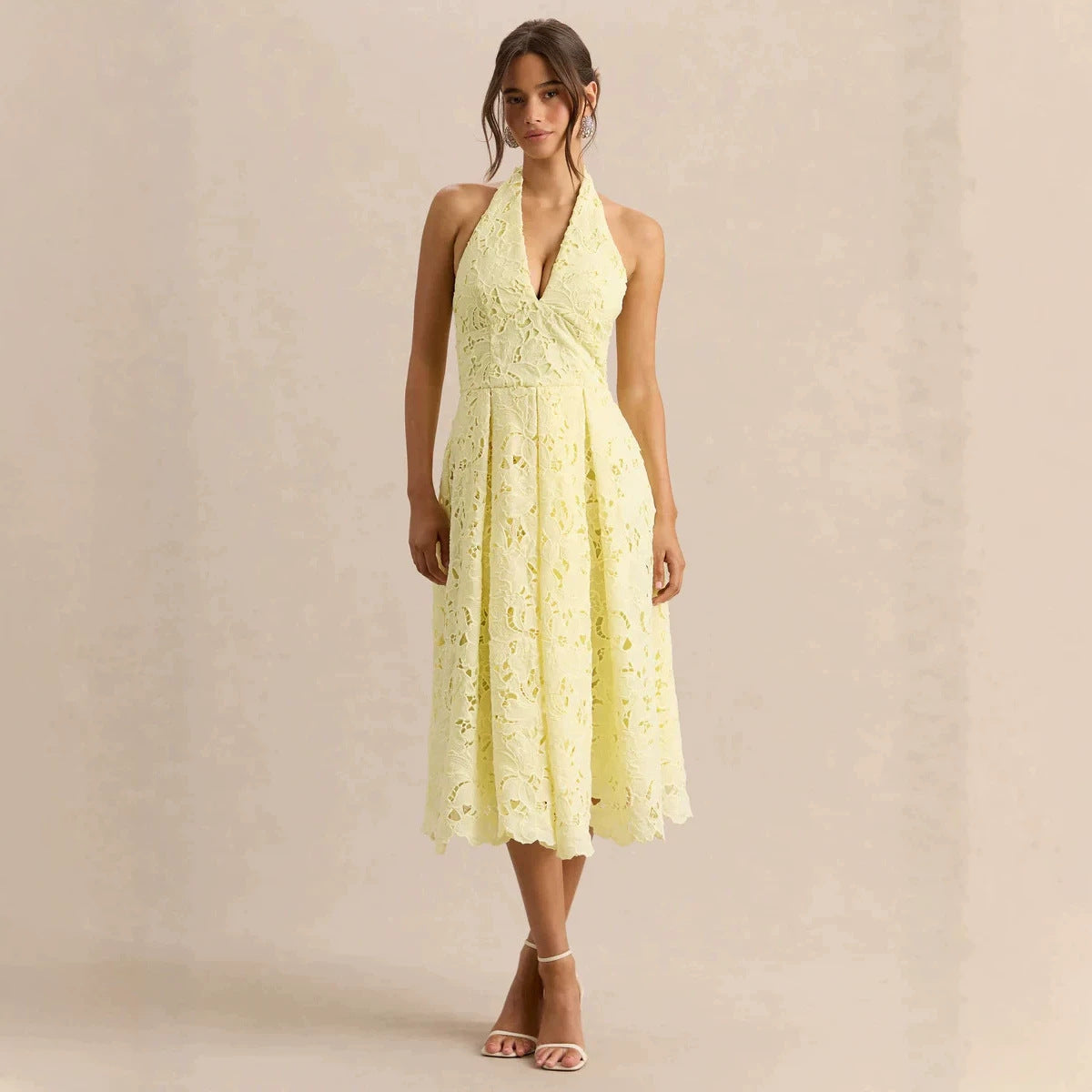 2026 New Cross border Women's Dress from Europe and America, Gentle Vacation Style, Elegant Lace Hanging Neck, V-neck, Waist cinching, Slimming Dress
