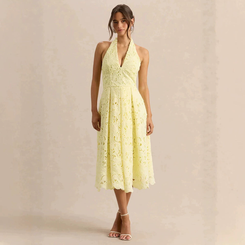 2026 New Cross border Women's Dress from Europe and America, Gentle Vacation Style, Elegant Lace Hanging Neck, V-neck, Waist cinching, Slimming Dress