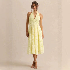 2026 New Cross border Women's Dress from Europe and America, Gentle Vacation Style, Elegant Lace Hanging Neck, V-neck, Waist cinching, Slimming Dress