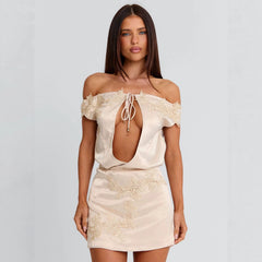 European and American 2026 new cross-border women's summer waist cinched lace patchwork short skirt, light luxury temperament slim fit dress