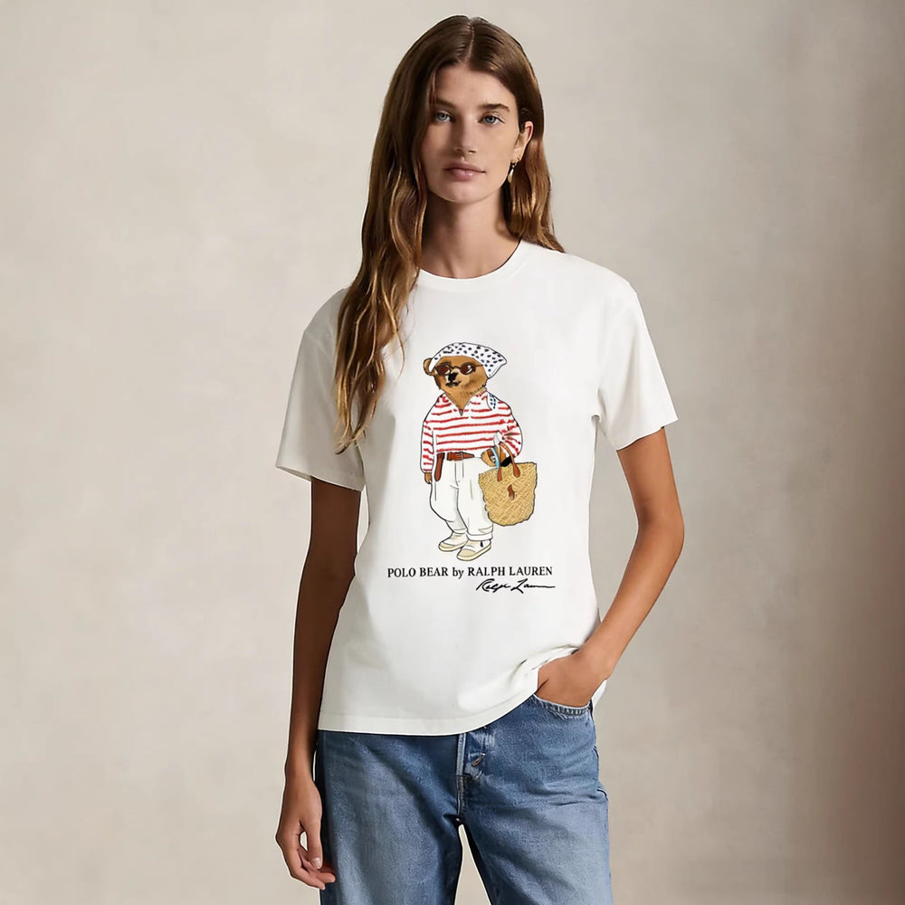 European and American Cross border 2026 Summer Cross border Women's Fashion New Casual Bear Printed Round Neck T-shirt Short Sleeve Top