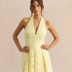 2026 New Cross border Women's Dress from Europe and America, Gentle Vacation Style, Elegant Lace Hanging Neck, V-neck, Waist cinching, Slimming Dress