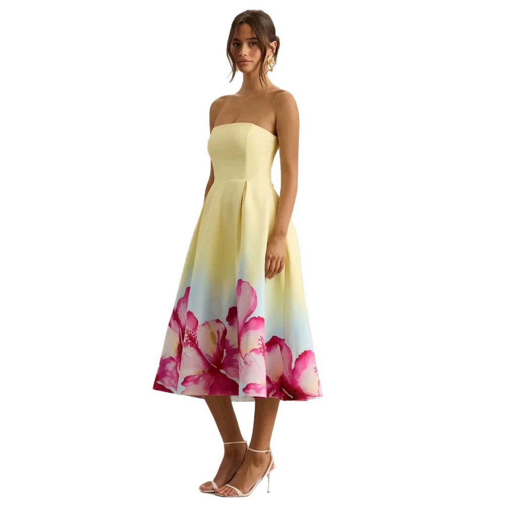 2026 new cross-border women's goose yellow strapless gradient printed A-line dress with waist cinching and large swing in Europe and America