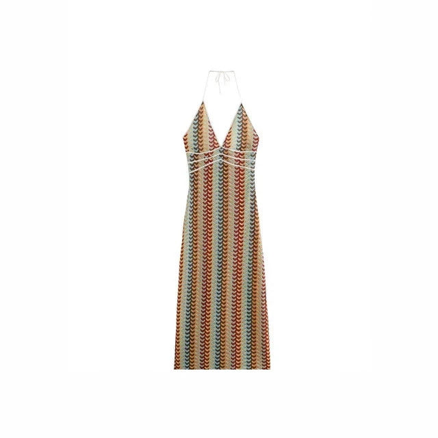 2026 New Cross border Women's Vacation Spicy Girl Style Retro Color Striped Hanging Neck Deep V-Bag Hip Dress from Europe and America