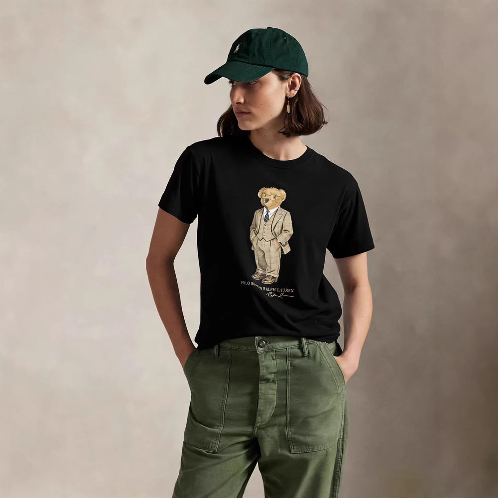 European and American Cross border 2026 Summer Cross border Women's Fashion New Casual Bear Printed Round Neck T-shirt Short Sleeve Top
