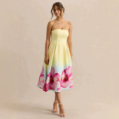 2026 new cross-border women's goose yellow strapless gradient printed A-line dress with waist cinching and large swing in Europe and America
