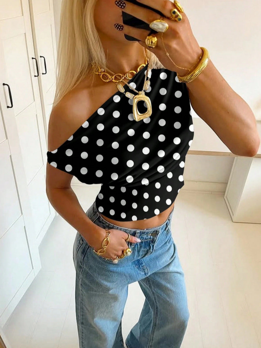 2026 European and American Cross border Summer Fashion New Women's Top, AliExpress Personalized Wave Point Slant Shoulder Exposed Umbili Short Top