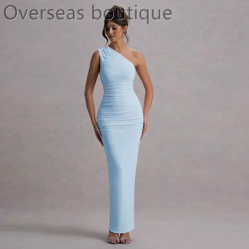 Slanted Shoulder Dress with Folded Diagonal Shoulders, Slimming and Waist cinching Evening Dress for Women