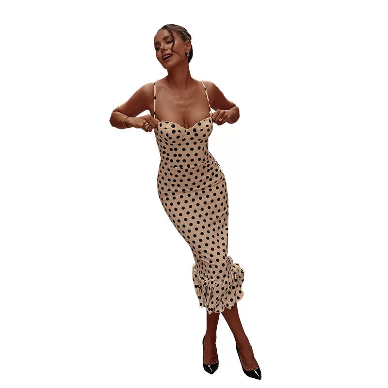 Pleated skirt suspender dress with polka dots, slim fit, pleated hem, suspender dress