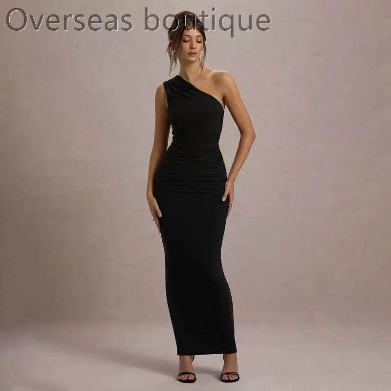 Slanted Shoulder Dress with Folded Diagonal Shoulders, Slimming and Waist cinching Evening Dress for Women