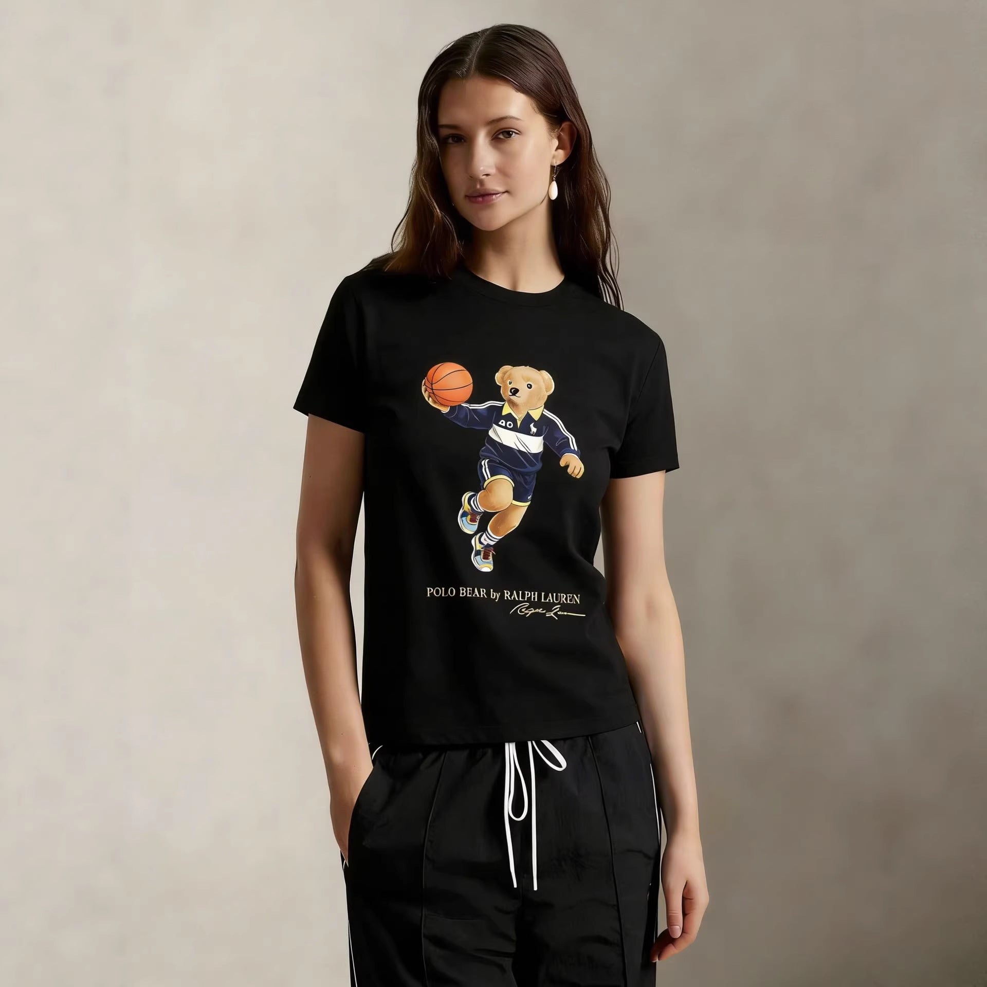 European and American Cross border 2026 Summer Cross border Women's Fashion New Casual Bear Printed Round Neck T-shirt Short Sleeve Top