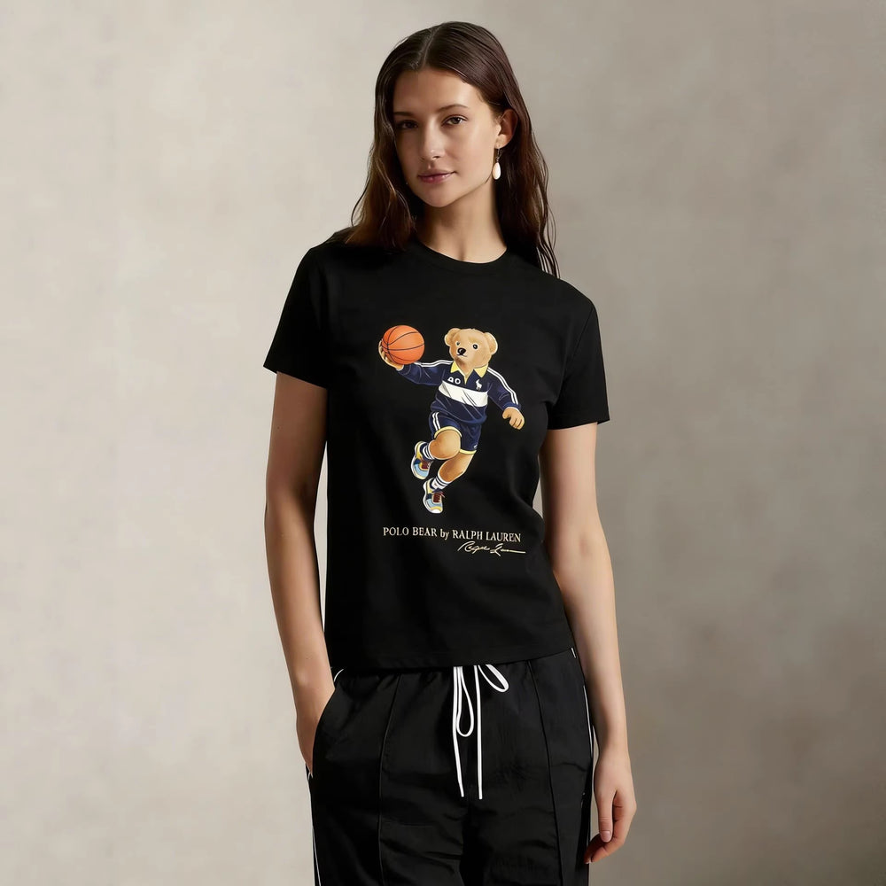 European and American Cross border 2026 Summer Cross border Women's Fashion New Casual Bear Printed Round Neck T-shirt Short Sleeve Top
