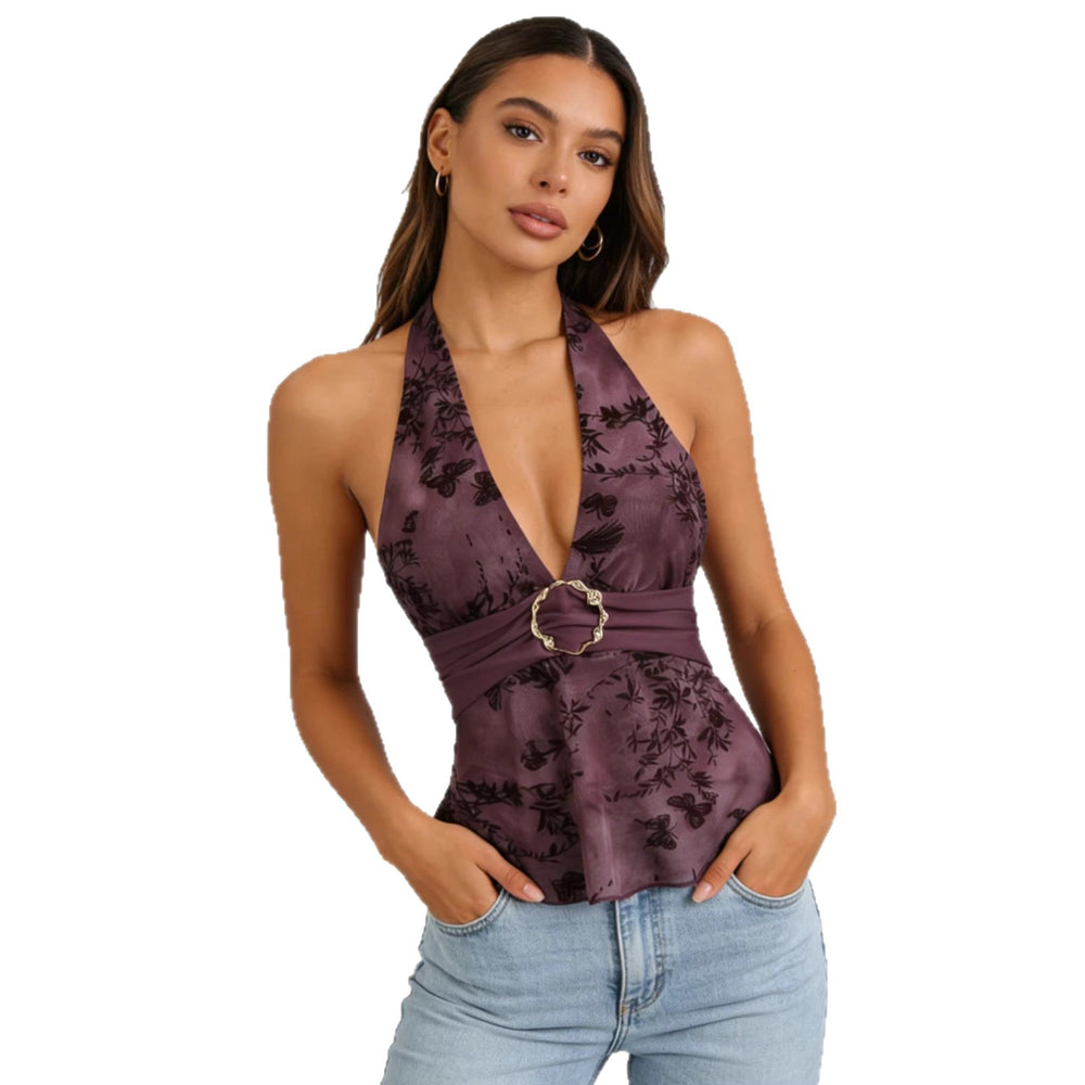 2026 European and American Cross border Mesh Hanging Neck Strap Vest, Hot selling Foreign Trade Product, Summer New Metal Ring Backless Top