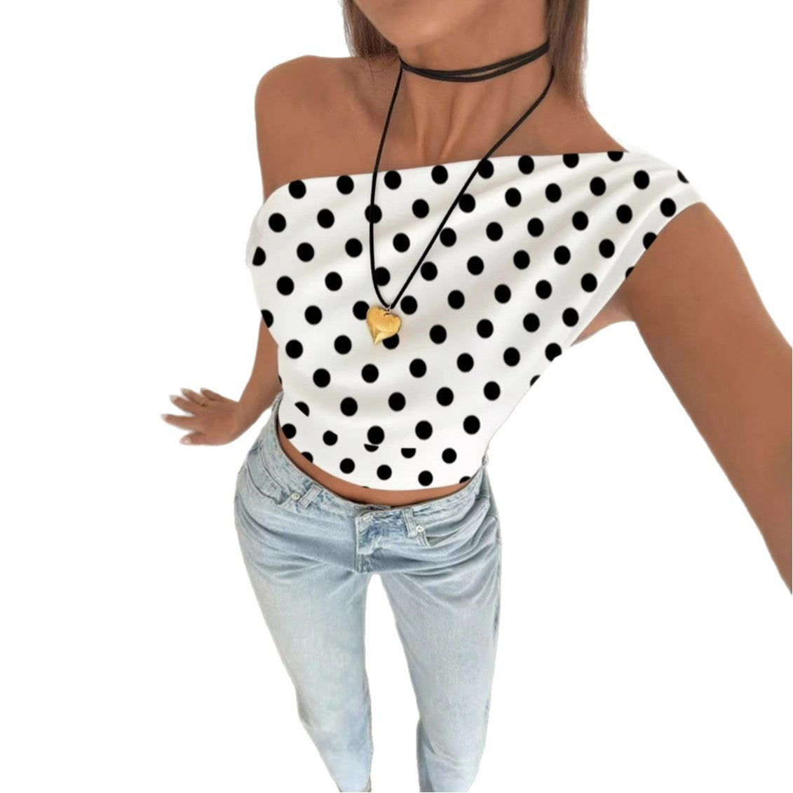 2026 European and American Cross border Summer Fashion New Women's Top, AliExpress Personalized Wave Point Slant Shoulder Exposed Umbili Short Top