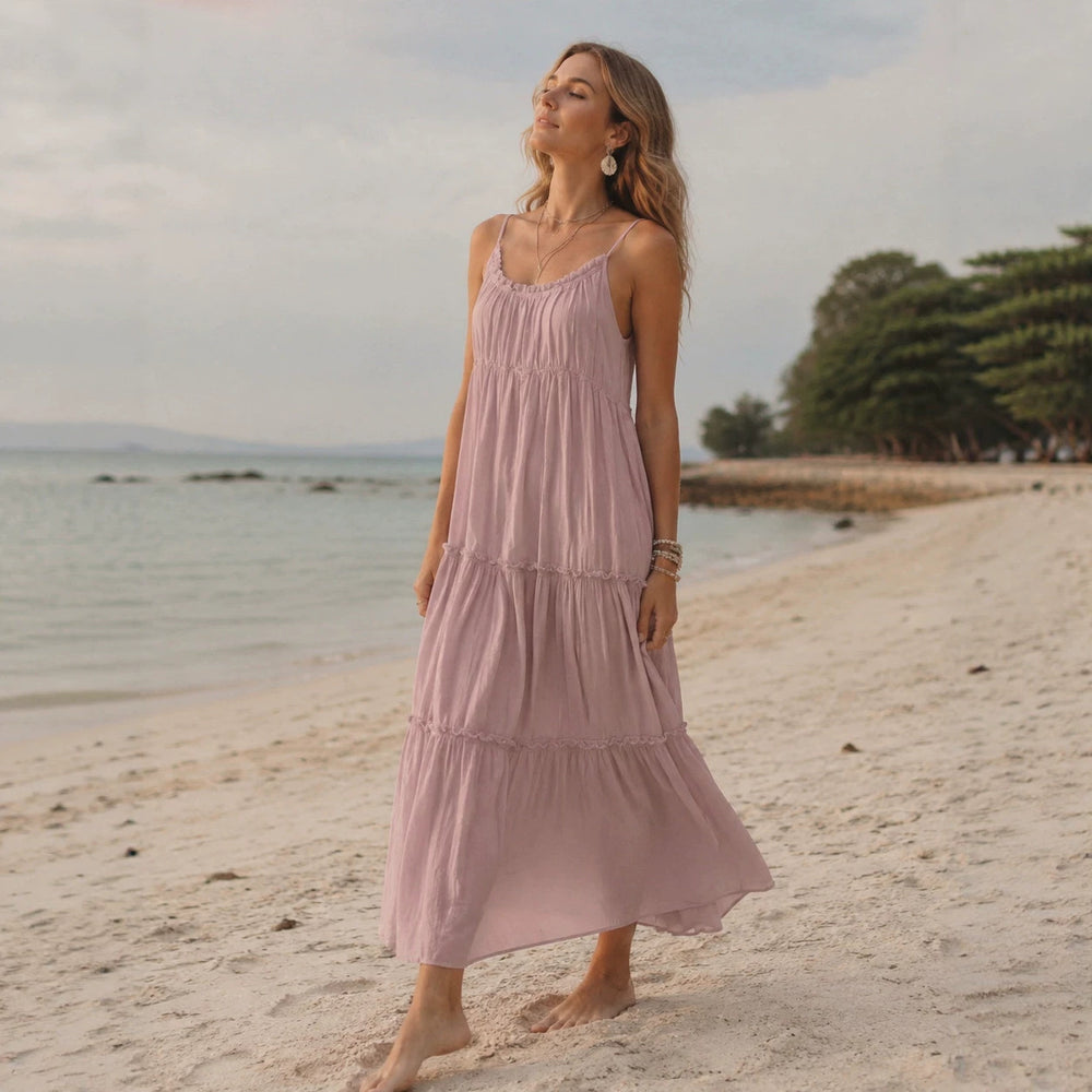 2026 New Cross border Women's Clothing French Fashion Seaside Vacation Style Strap Solid Color Midi Dress Long Skirt in Europe and America