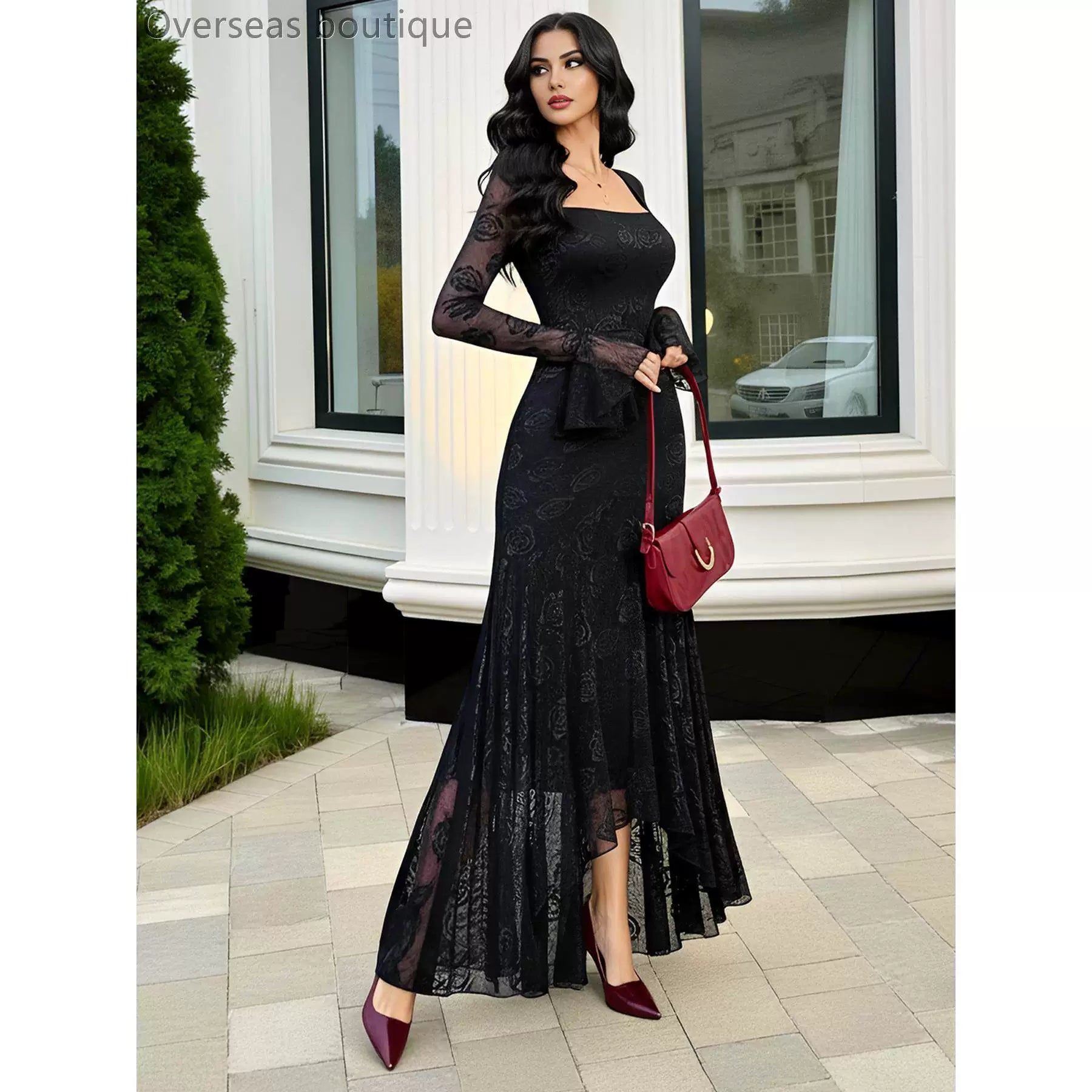 Irregular hemline slim fit dress with mesh jacquard square collar and irregular skirt