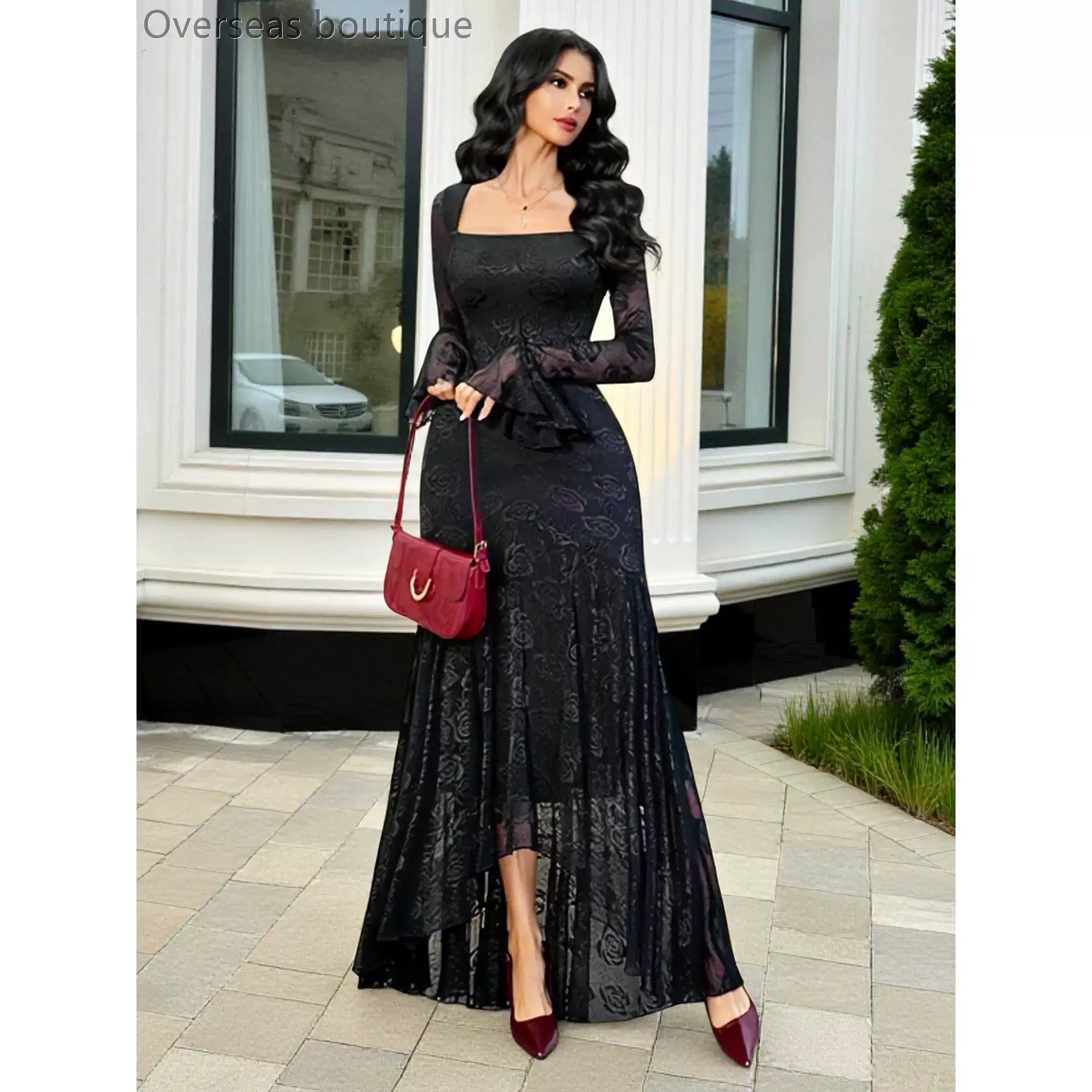 Irregular hemline slim fit dress with mesh jacquard square collar and irregular skirt