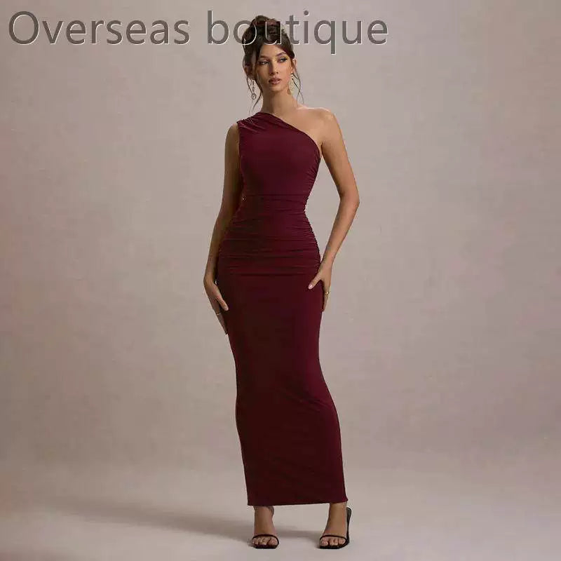 Slanted Shoulder Dress with Folded Diagonal Shoulders, Slimming and Waist cinching Evening Dress for Women