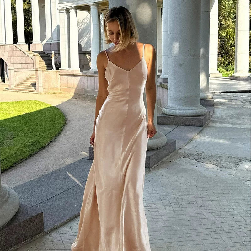 Bareback Satin Camille Dress for Women - Long backless Satin Strap Dress