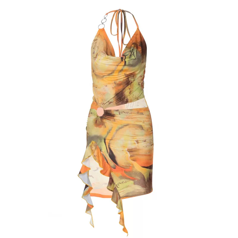 Printed backless lace up dress for women