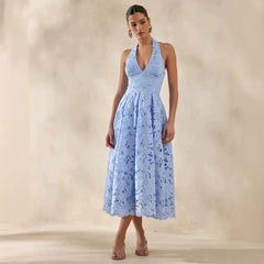 2026 New Cross border Women's Dress from Europe and America, Gentle Vacation Style, Elegant Lace Hanging Neck, V-neck, Waist cinching, Slimming Dress