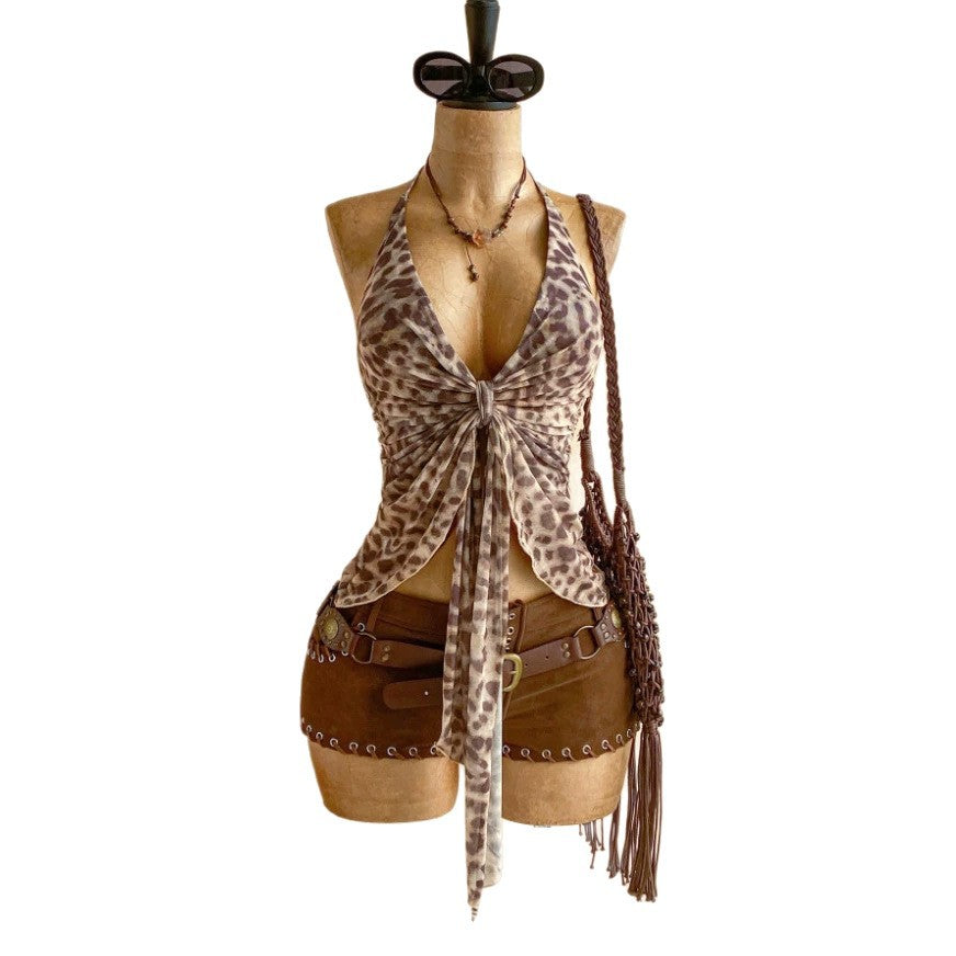 2026 Cross border Summer New Product Fashionable Hanging Neck Printed Ribbon Mesh Strap Tank Top V-neck European and American Explosive Top