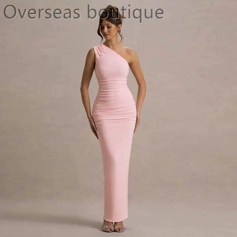 Slanted Shoulder Dress with Folded Diagonal Shoulders, Slimming and Waist cinching Evening Dress for Women