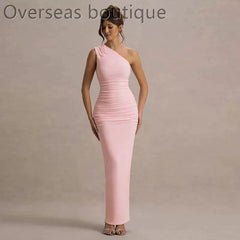 Slanted Shoulder Dress with Folded Diagonal Shoulders, Slimming and Waist cinching Evening Dress for Women
