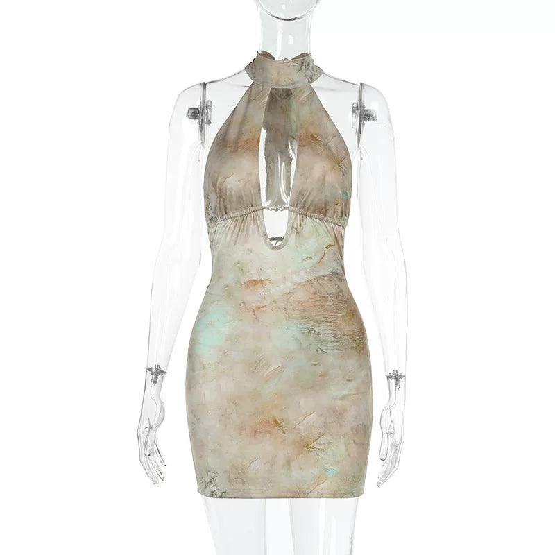 Printed neck and hip hugging dress with hollow print hanging neck and hip bag for women