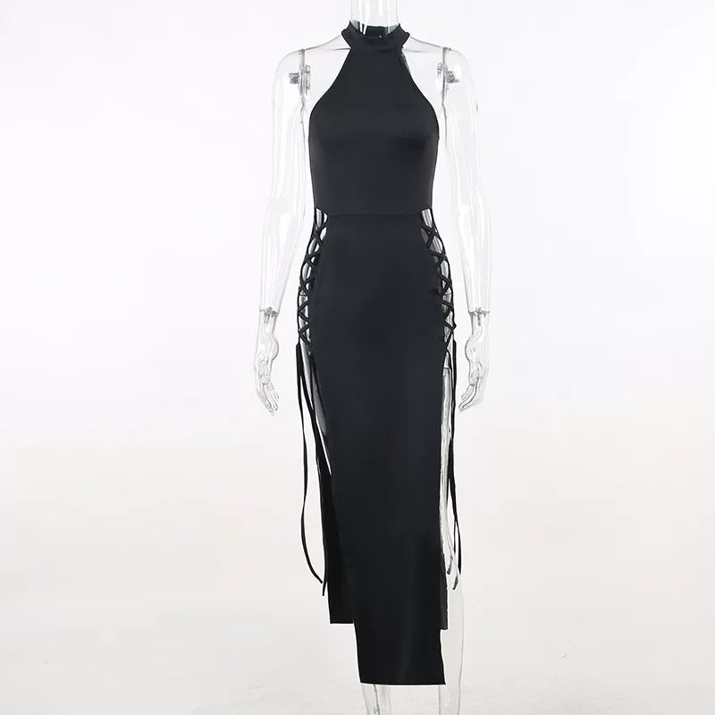Dress Slim Fit Long Dress Knitted High Neck Sleeveless Hollow Out Dress for Spicy Girls, Slimming Long Dress