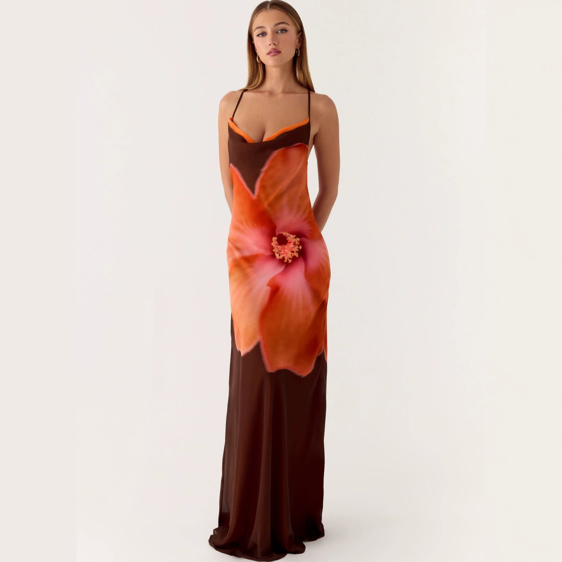 2026 New Cross border Women's Fashion Strap Hanging Neck Printed Waist slimming Trendy Dress Long Skirt from Europe and America
