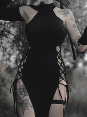 Dress Slim Fit Long Dress Knitted High Neck Sleeveless Hollow Out Dress for Spicy Girls, Slimming Long Dress