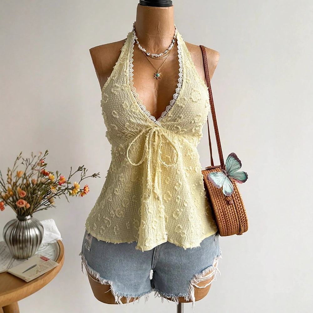 2026 new V-neck backless hanging neck vest with vacation style and sexy spicy girl jacquard summer top sleeveless