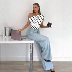 2026 European and American Cross border Summer Fashion New Women's Top, AliExpress Personalized Wave Point Slant Shoulder Exposed Umbili Short Top