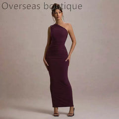Slanted Shoulder Dress with Folded Diagonal Shoulders, Slimming and Waist cinching Evening Dress for Women