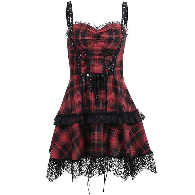 European and American dark style summer gothic plaid dress with lace border straps and waist cinching, deep V-neck spicy girl A-line short skirt for women