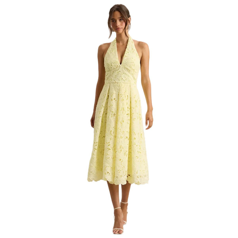 2026 New Cross border Women's Dress from Europe and America, Gentle Vacation Style, Elegant Lace Hanging Neck, V-neck, Waist cinching, Slimming Dress