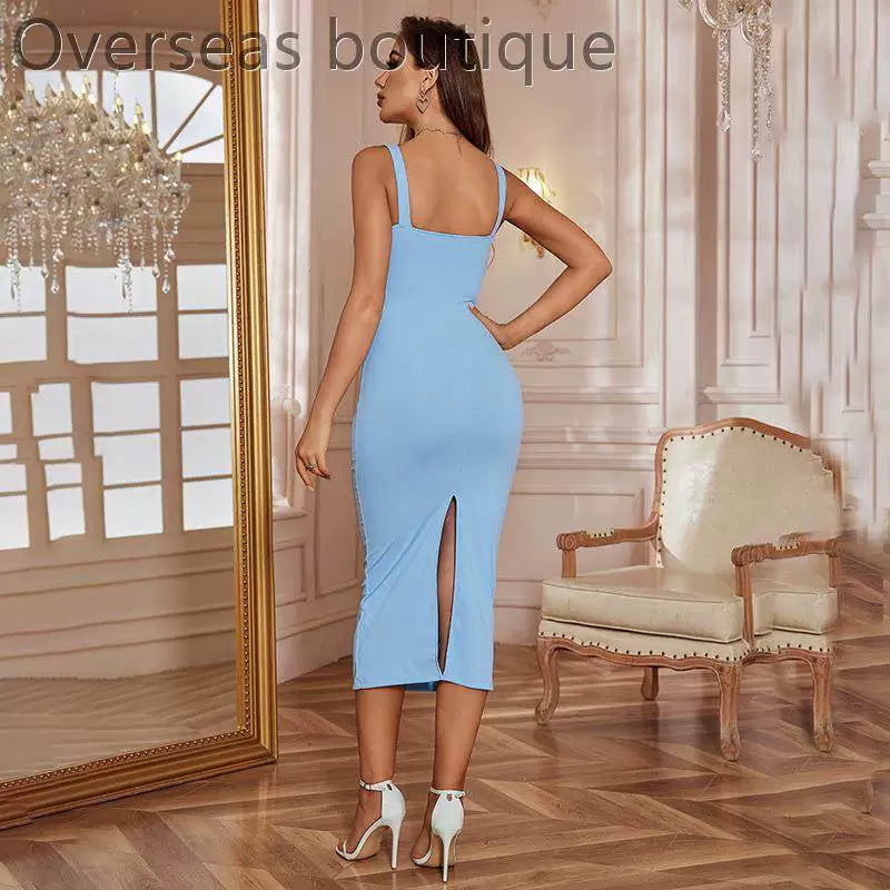 Lace patchwork slit camisole dress slim fit lace patchwork slit suspender dress