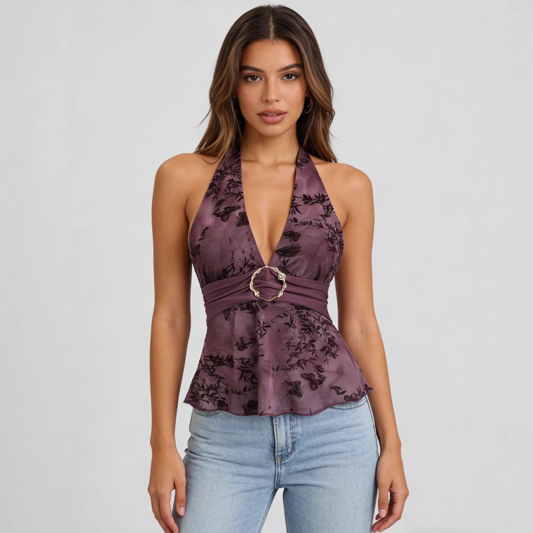 2026 European and American Cross border Mesh Hanging Neck Strap Vest, Hot selling Foreign Trade Product, Summer New Metal Ring Backless Top