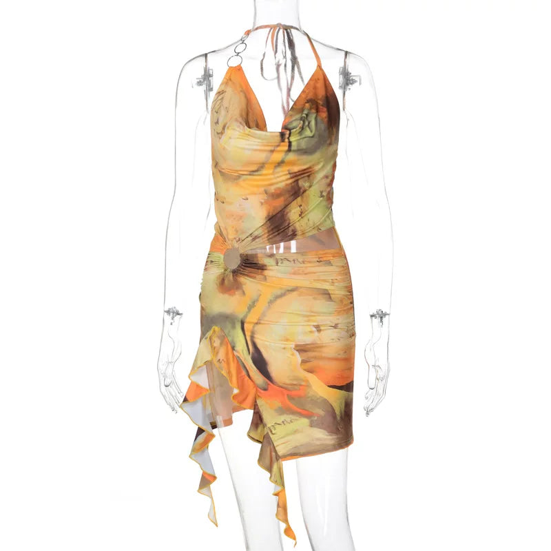 Printed backless lace up dress for women
