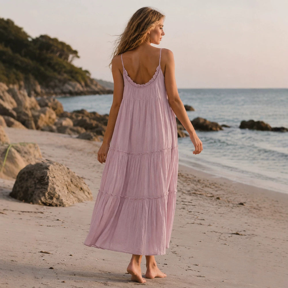 2026 New Cross border Women's Clothing French Fashion Seaside Vacation Style Strap Solid Color Midi Dress Long Skirt in Europe and America