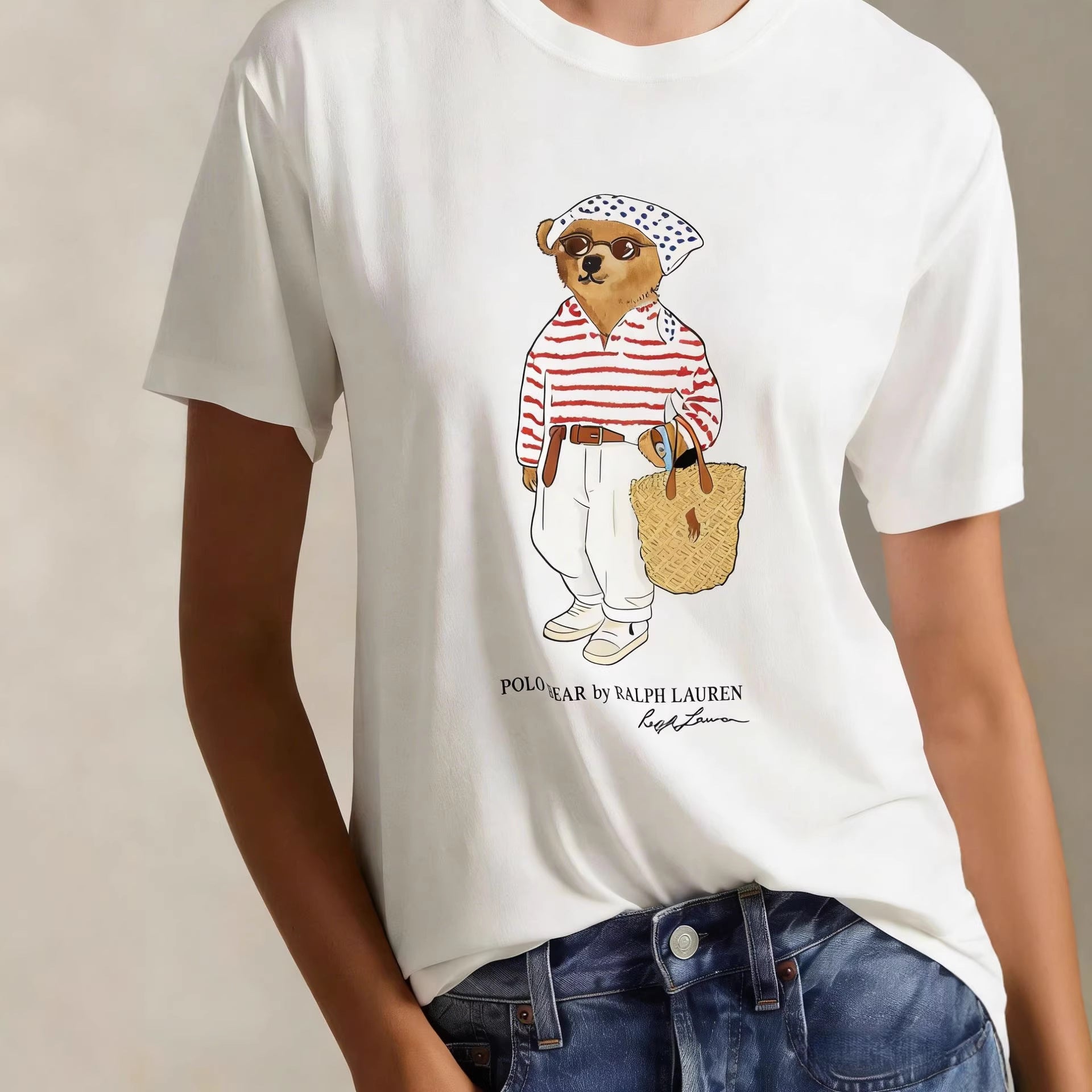 European and American Cross border 2026 Summer Cross border Women's Fashion New Casual Bear Printed Round Neck T-shirt Short Sleeve Top