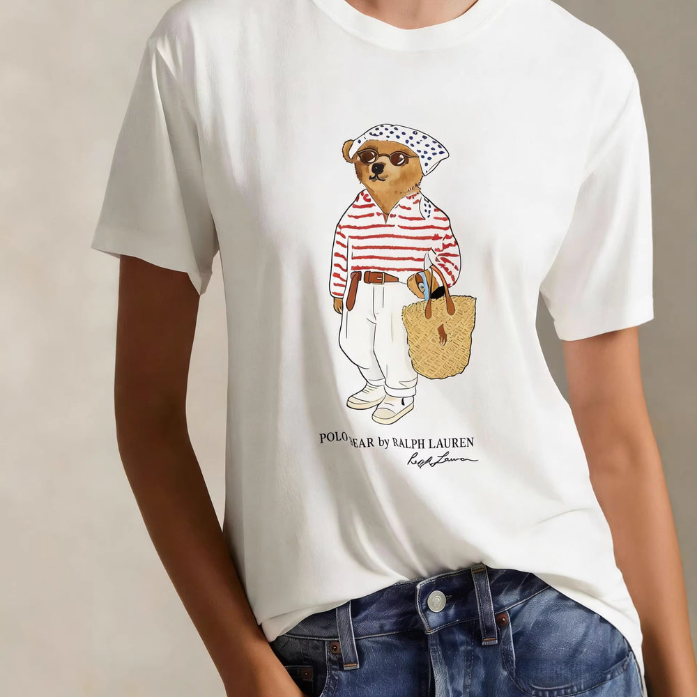 European and American Cross border 2026 Summer Cross border Women's Fashion New Casual Bear Printed Round Neck T-shirt Short Sleeve Top