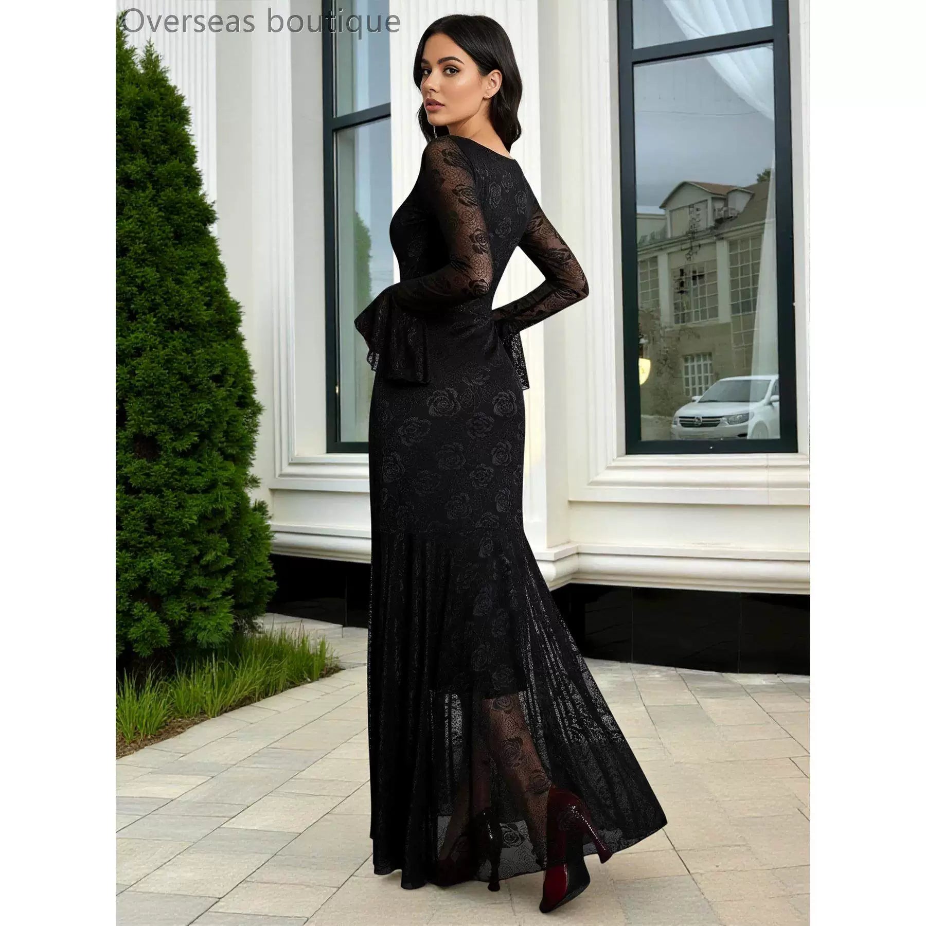 Irregular hemline slim fit dress with mesh jacquard square collar and irregular skirt